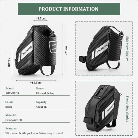 ROCKBROS Satteltasche 1L, schwarze Fahrradsitz Tasche mit integriertem Flaschenhalter für sicheren Transport und einfache Montage.