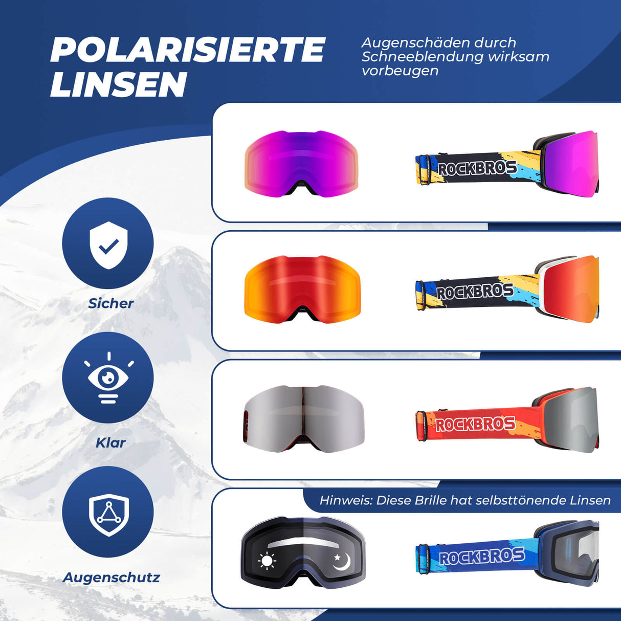 ROCKBROS Skibrille Schneebrille Polarisierte Helmkompatible Sportbrille Skifahren