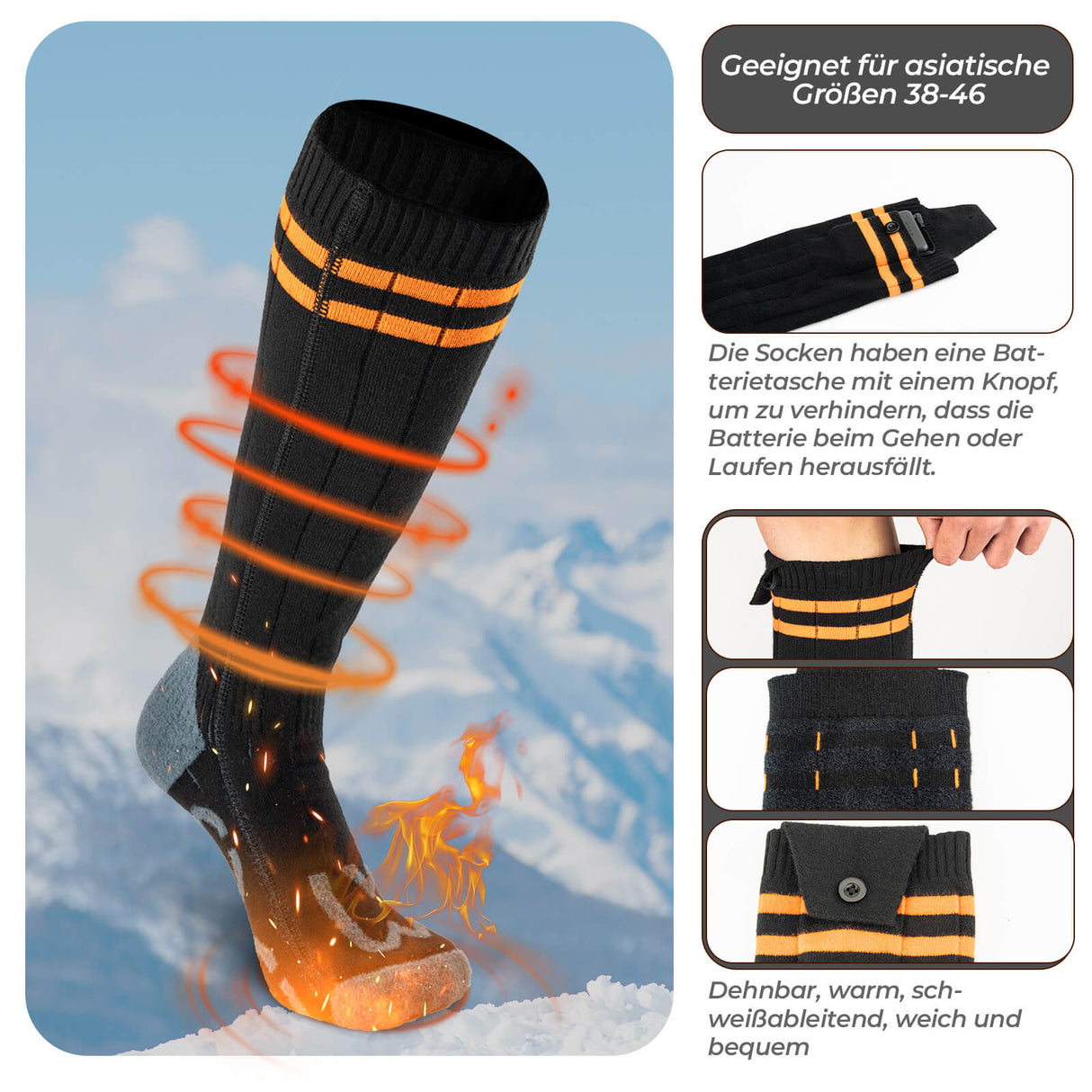 ROCKBROS Sportsocken Fahrradsocken Winter Heizsocken Wiederaufladbar 5000mAh