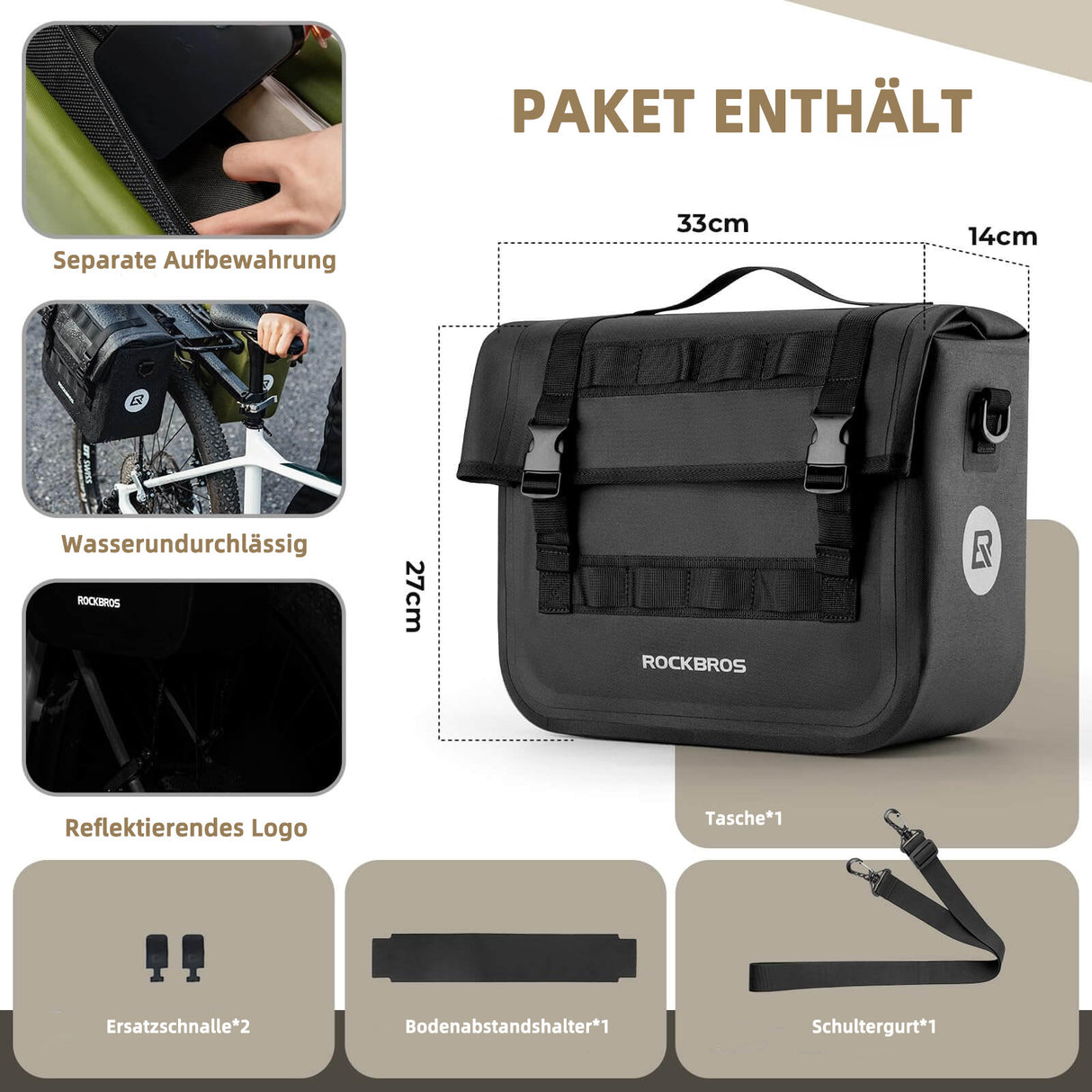 ROCKBROS Wasserdicht Fahrrad Gepäckträgertasche mit Schultergurt hinten 15L
