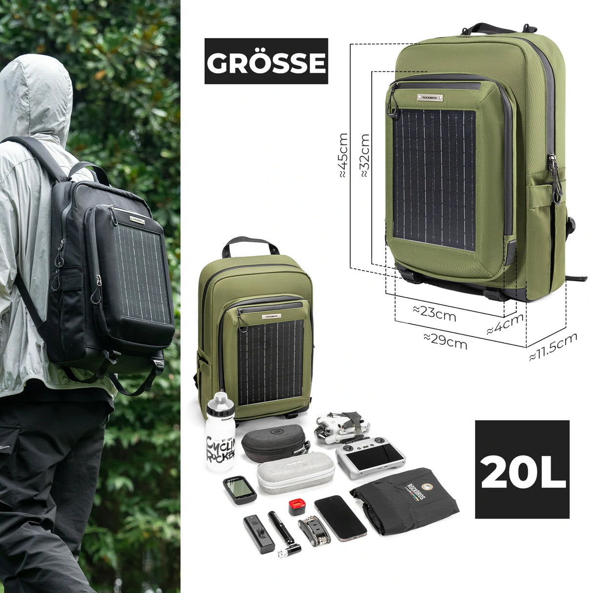 Solarrucksack Solar Rucksack 20L mit Flexiblem Abnehmbarem 10V 14W - ROCKBROS-EU