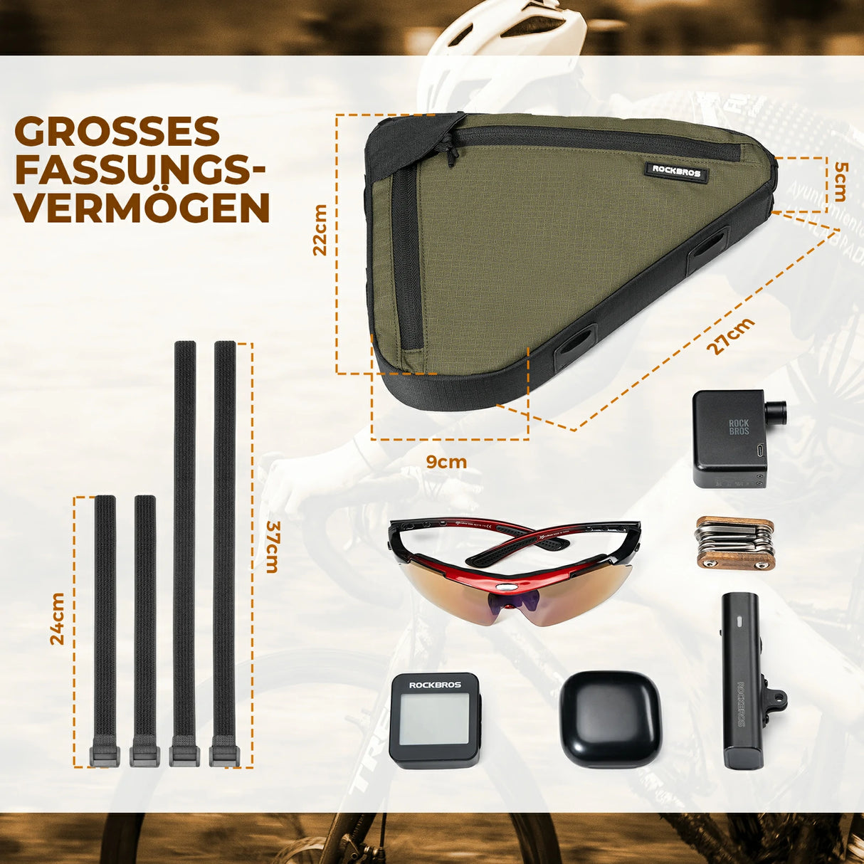 Fahrrad-Rahmentasche mit doppelseitigem Reißverschluss