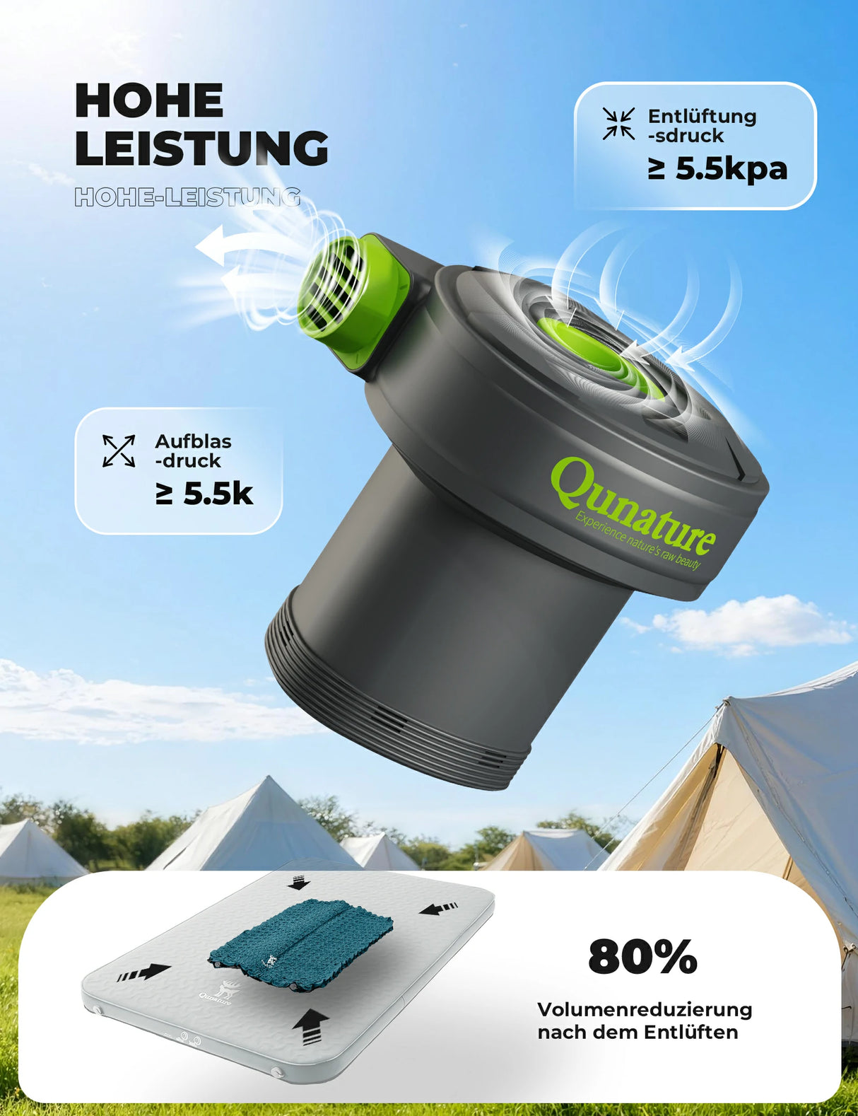 Qunature elektrische Luftpumpe mit 2-in-1 Funktion zum Aufblasen und Ablassen