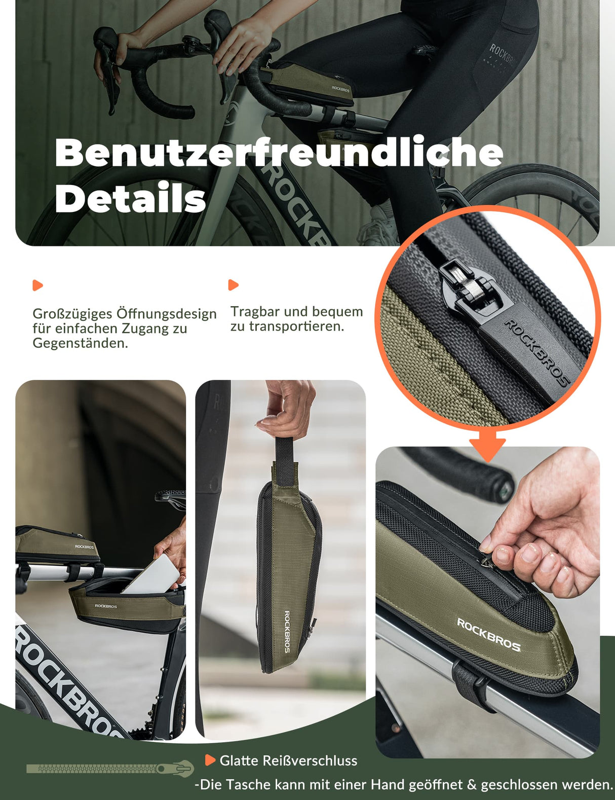 ROCKBROS Fahrradtasche Reflektierende Oberrohrtasche Dunkelgrün 0.65L - ROCKBROS-EU