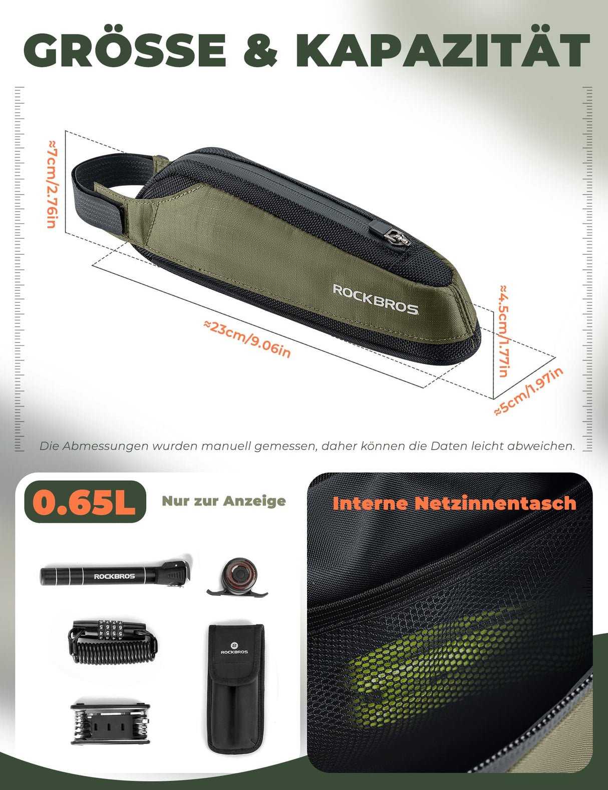 ROCKBROS Fahrradtasche Reflektierende Oberrohrtasche Dunkelgrün 0.65L - ROCKBROS-EU
