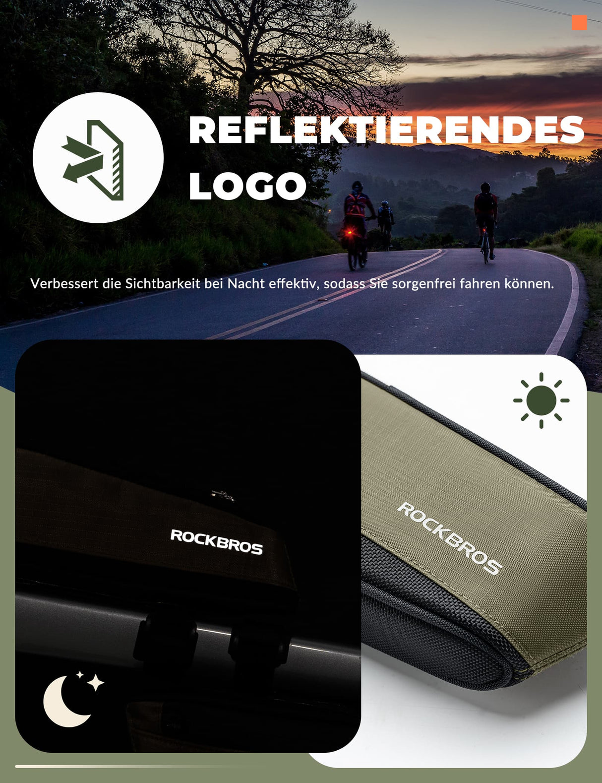 ROCKBROS Fahrradtasche Reflektierende Oberrohrtasche Dunkelgrün 0.65L - ROCKBROS-EU