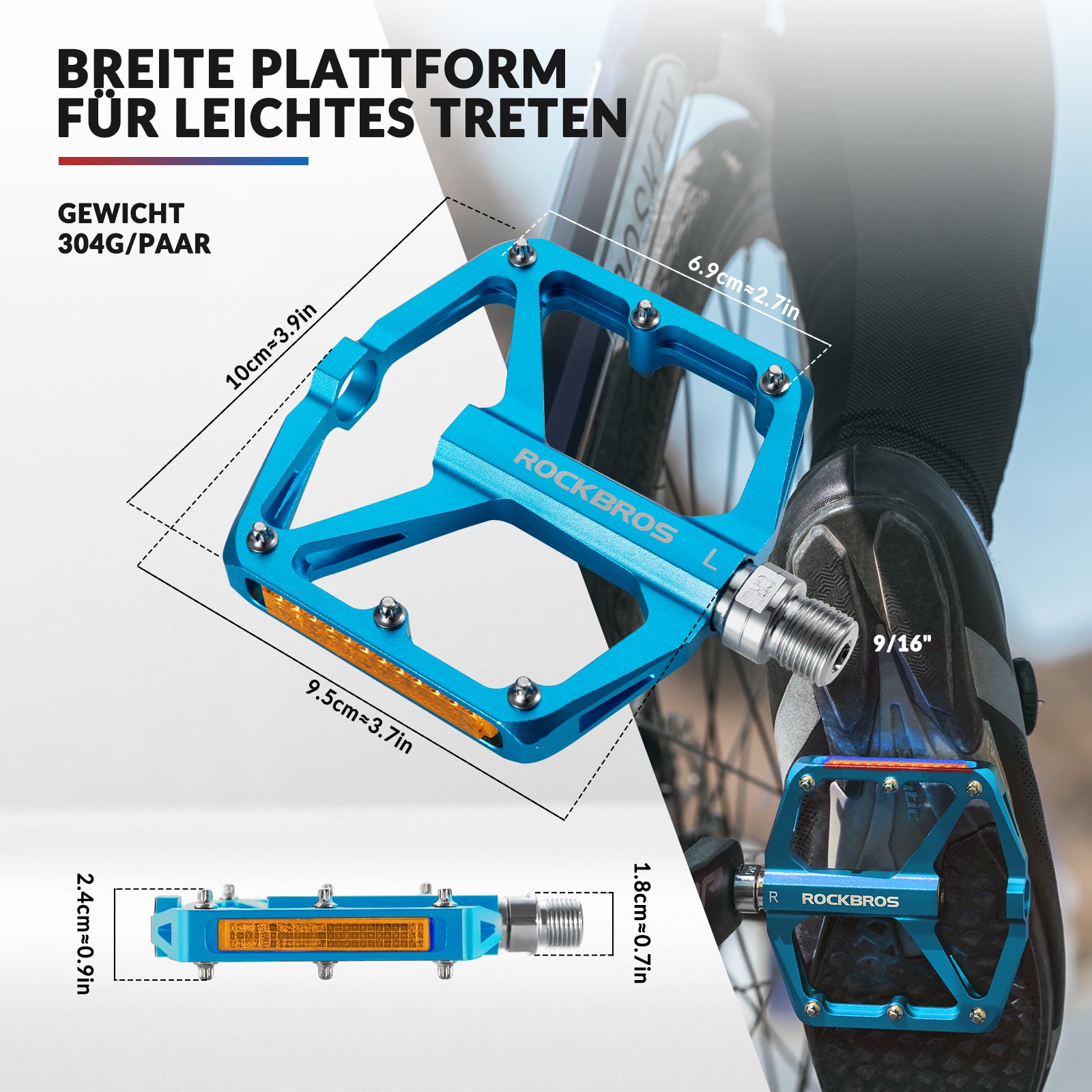 ROCKBROS Fahrradpedale mit Reflektoren aus Aluminiumlegierung 9/16 Zoll - ROCKBROS-EU