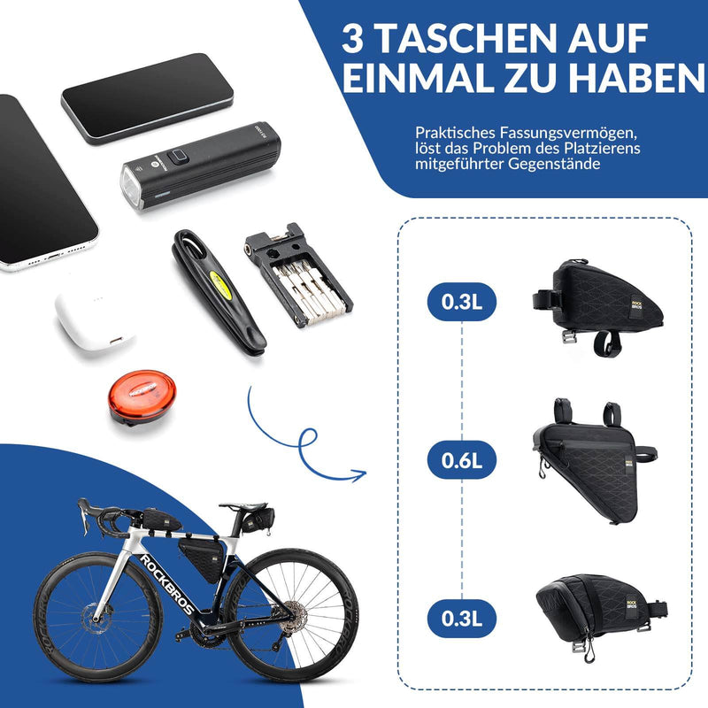 Cargue la imagen en el visor de la galería, ROCKBROS Fahrradtasche Set Rahmentasche2+Satteltasche1 mit Verstellbarer Schultergurt 1,2L
