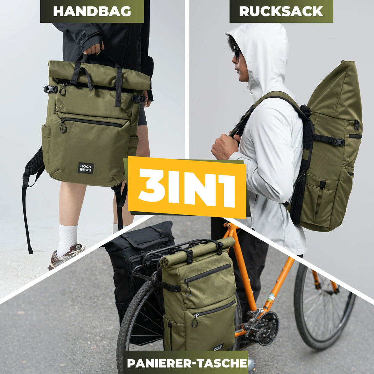 3‑in‑1 Fahrradtasche für Gepäckträger – 11‑16 L Volumen