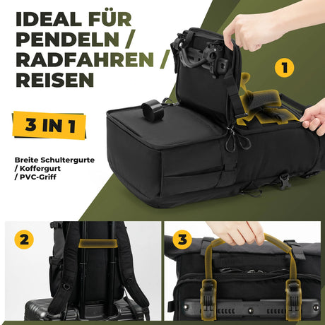 3‑in‑1 Fahrradtasche für Gepäckträger – 11‑16 L Volumen