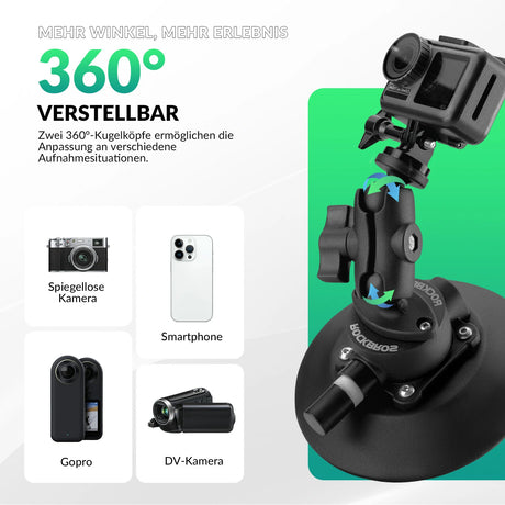 Action‑Kamera‑Saugnapfhalterung – Mit Pumpe & Magic Arm