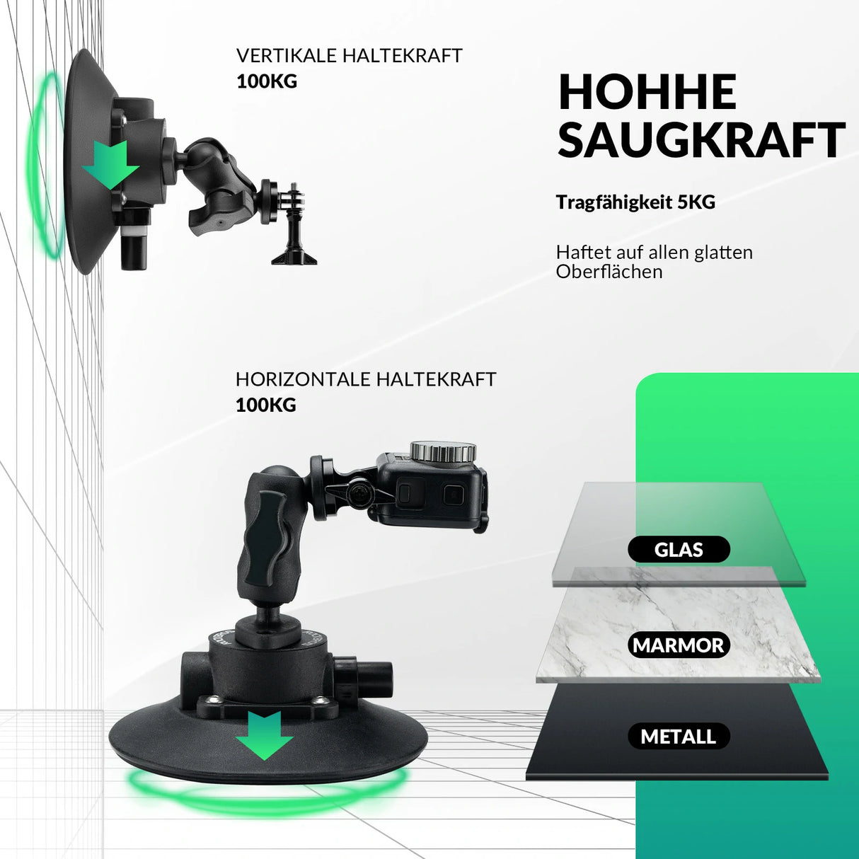 Action‑Kamera‑Saugnapfhalterung – Mit Pumpe & Magic Arm