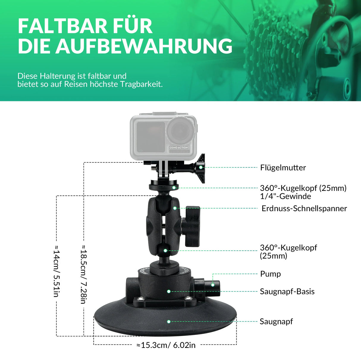 Action‑Kamera‑Saugnapfhalterung – Mit Pumpe & Magic Arm