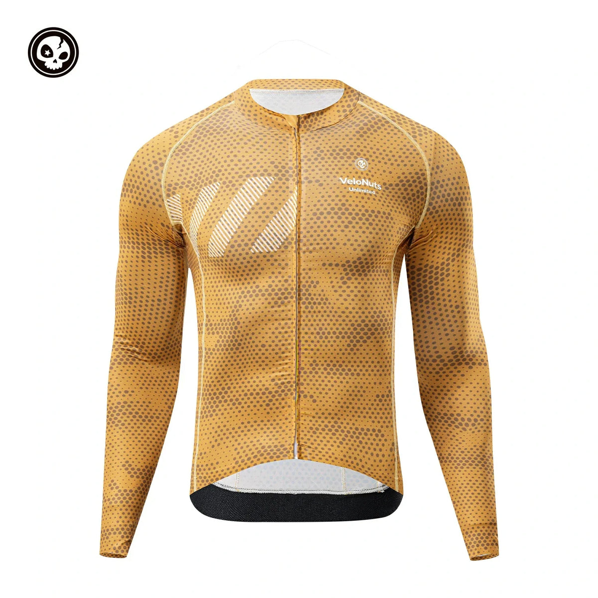 Gelbes Radtrikot mit Markenlogo auf weißem Hintergrund
