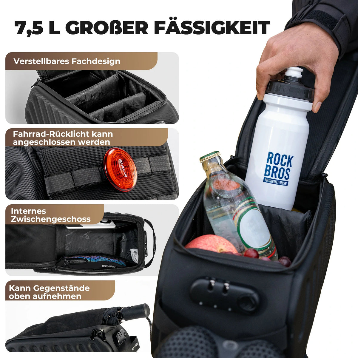fahrradschloss handgepäck Fahrrad Gepäckträgertasche 7,5L mit doppelt gesichertem Zahlenschloss –  ROCKBROS-DE