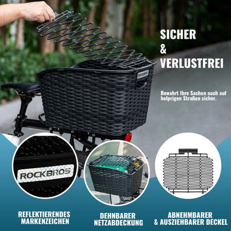 ROCKBROS Fahrradkorb Hinten – Für Gepäckträger, mit ausziehbarem Deckel