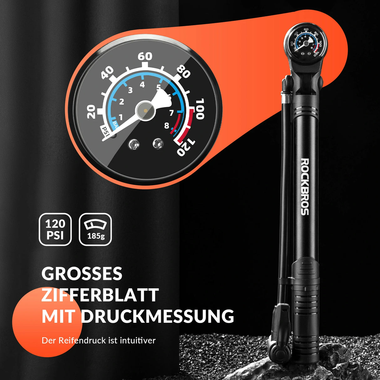 Fahrradpumpe 120 PSI – Tragbar mit Manometer & drehbarem Griff
