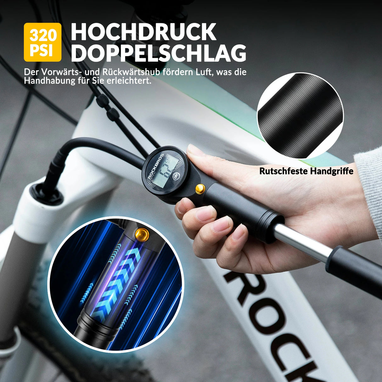 Fahrradpumpe Hochdruck – 320 PSI, presta/schrader, elektronische Druckanzeige