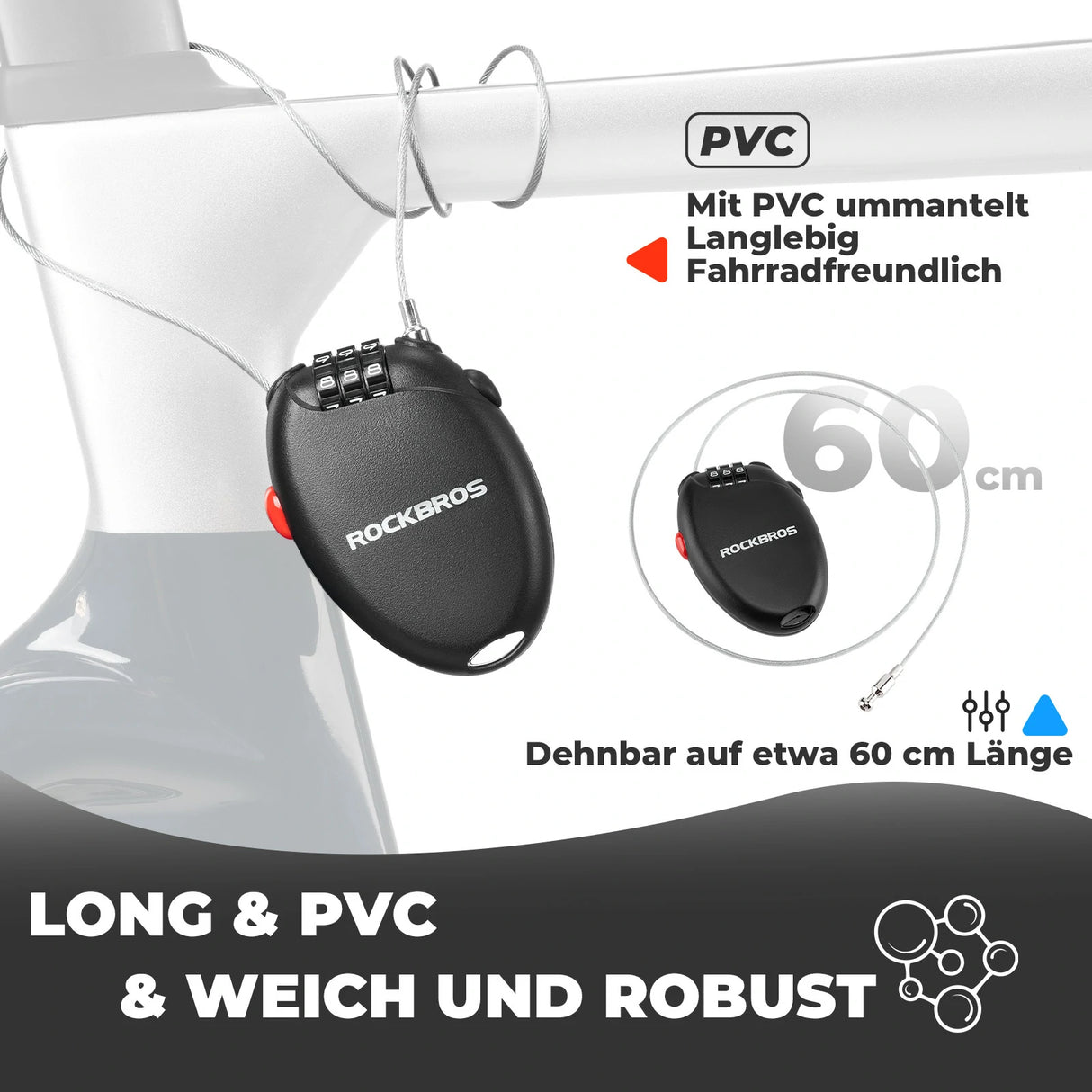 Fahrradschloss – 3‑stelliges Zahlenschloss mit 60 cm Stahlseil