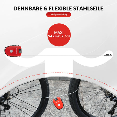 Fahrradschloss – Einziehbares Kabelschloss mit 4‑stelligem Code, 94 cm