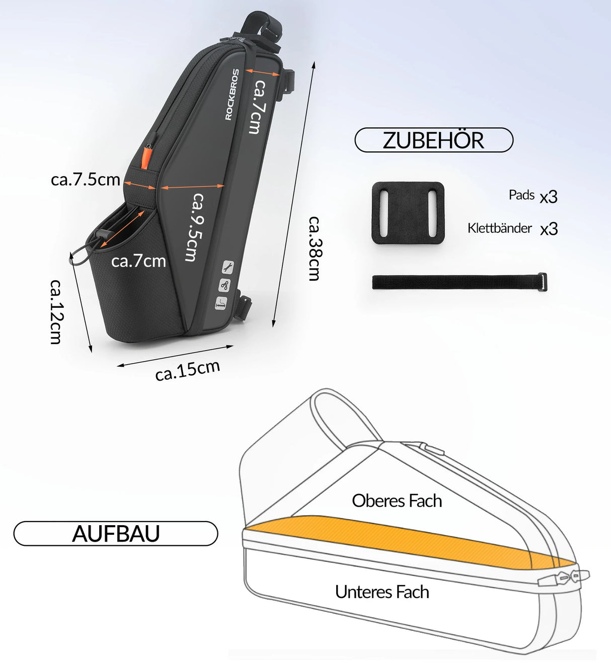 Fahrrad-Rahmentasche – Wasserdichte Dreieckstasche mit Flaschenfach, ca. 3L