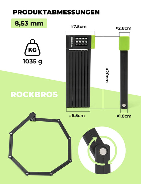 ROCKBROS Faltschloss Fahrrad Diebstahlsicherung – 8 mm extradicker Stahl, 120 cm Länge