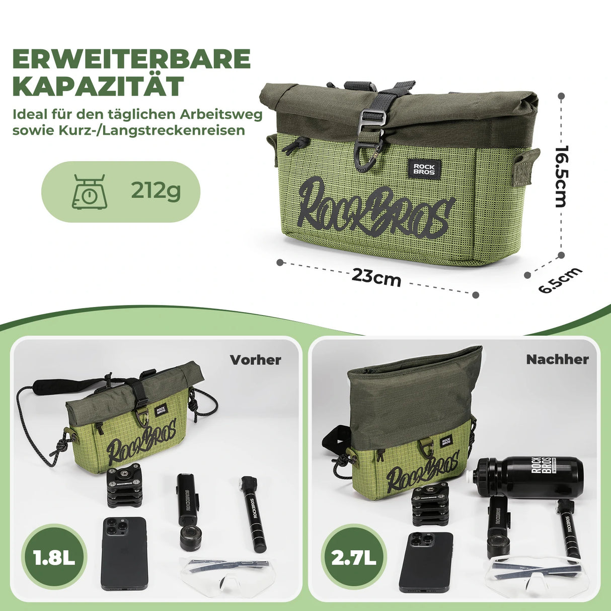 Lenkertasche für Flatbar & Brompton – 1,8-2,7 L (komprimierbar)
