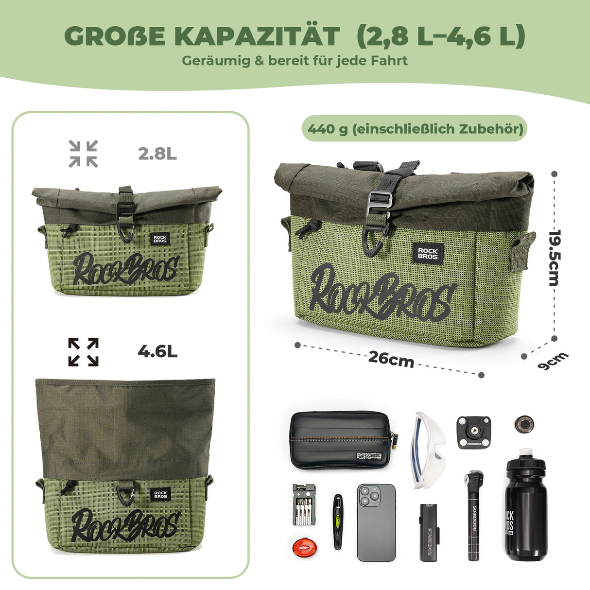 Lenkertasche für Flatbar & Brompton – 2,8‑4,6 L (expandierbar)