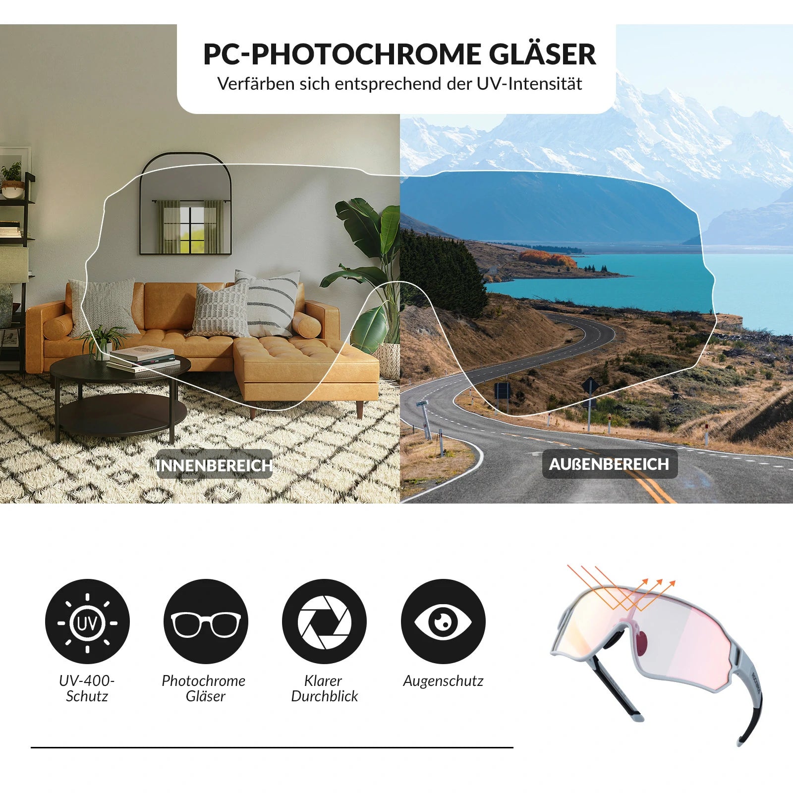 ROCKBROS Fahrradbrille Sonnenbrille Photochrom/Polarisiert UV400 
