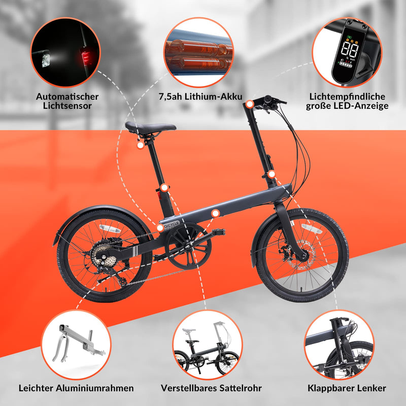 Laden Sie das Bild in Galerie -Viewer, QiCYCLE E-Bike 20 Zoll klappbare Elektrofahrrad mit 8 Gangschaltung bis 25km/h für Jugendliche und Erwachsene
