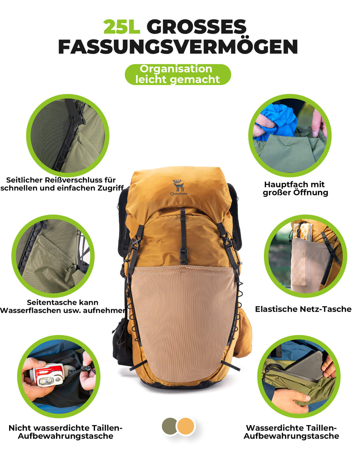 Qunature 25L Wanderrucksack – Atmungsaktiv mit abnehmbarer Tasche & Seitenzugang