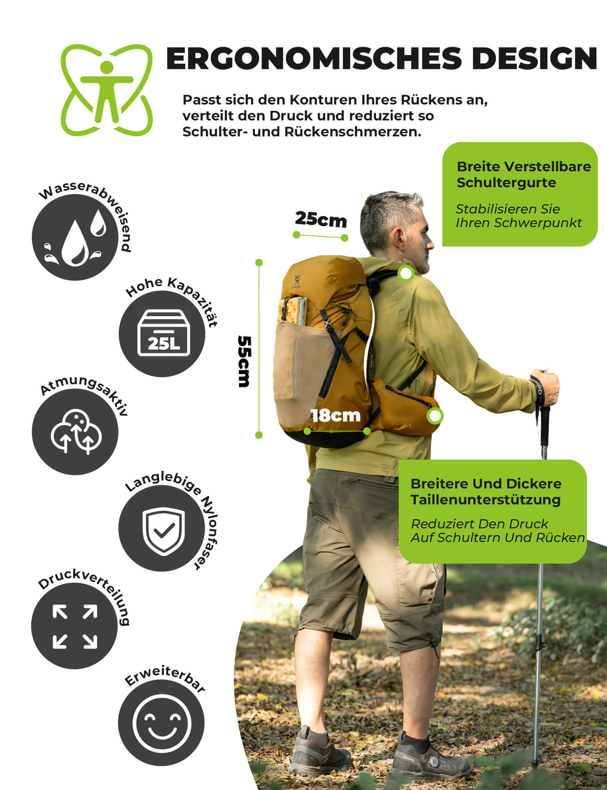 Qunature 25L Wanderrucksack – Atmungsaktiv mit abnehmbarer Tasche & Seitenzugang
