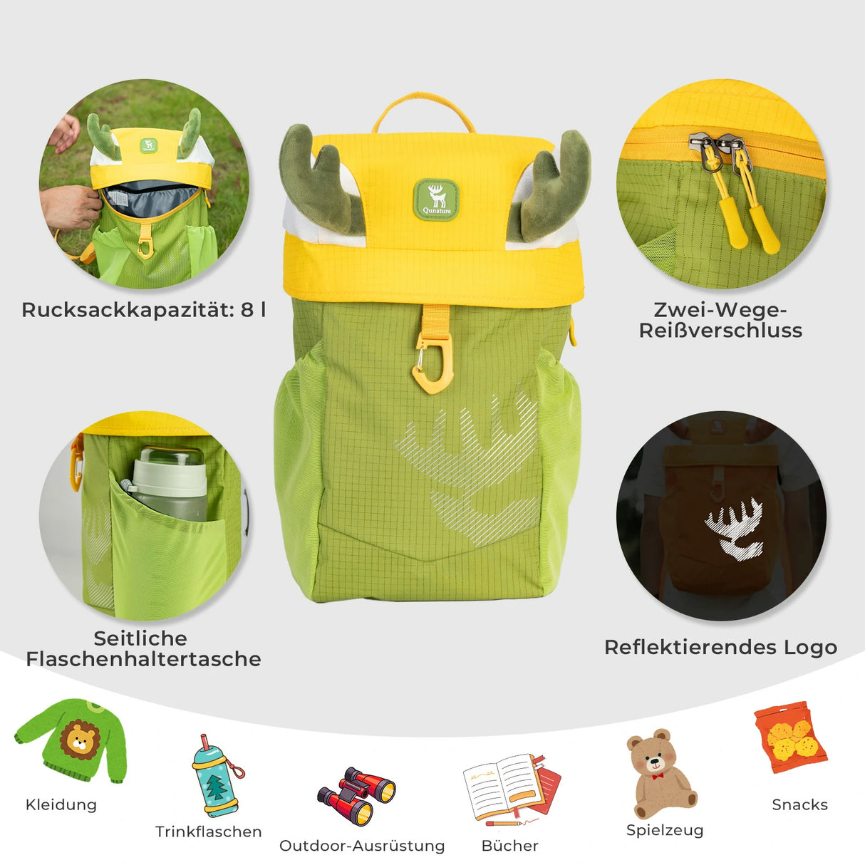 Qunature Kinderrucksack 8L – Wasserdicht mit Hirsch-Design (für 6-10 Jahre)