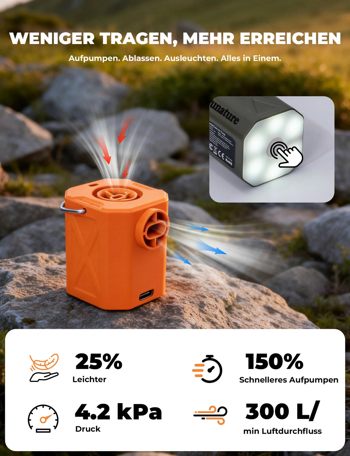 Qunature Mini Elektrische Luftpumpe – Tragbar, ultraleicht & USB‑ladbar