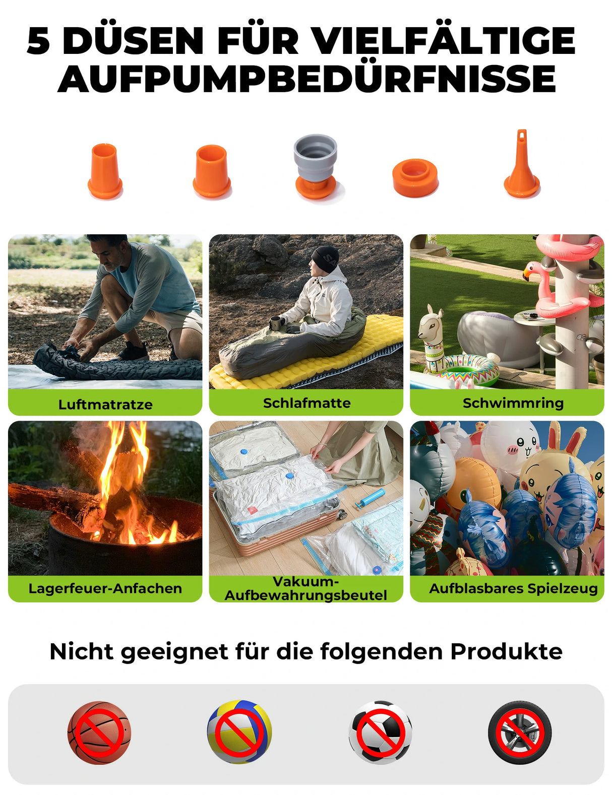 Qunature Mini Elektrische Luftpumpe, Tragbare Ultraleichte 45g Pump mit USB Schnellladung 5 Luftdüse - ROCKBROS-EU