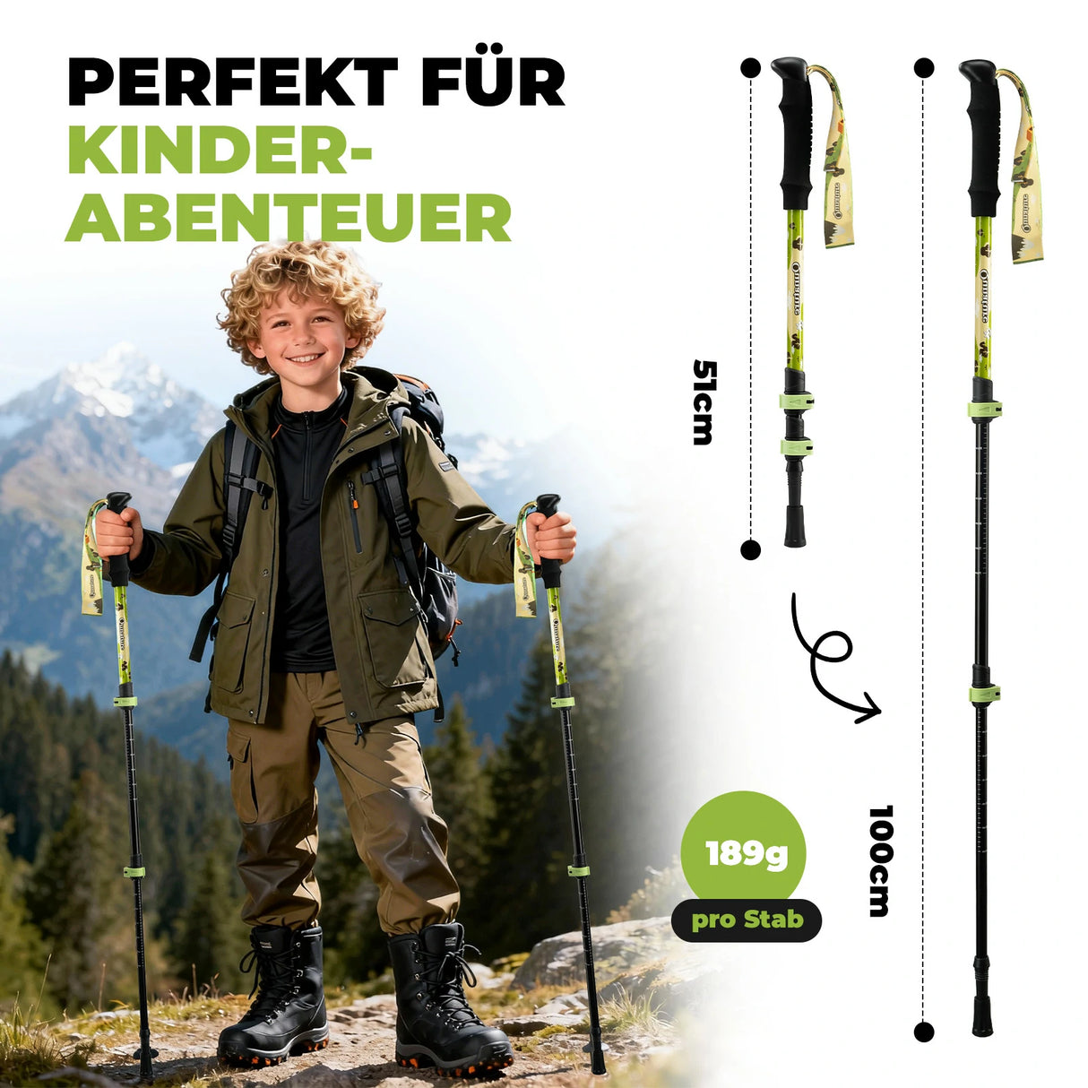 Qunature Kinder-Wanderstöcke – 51–100 cm verstellbar, Aluminium, 1  Stück