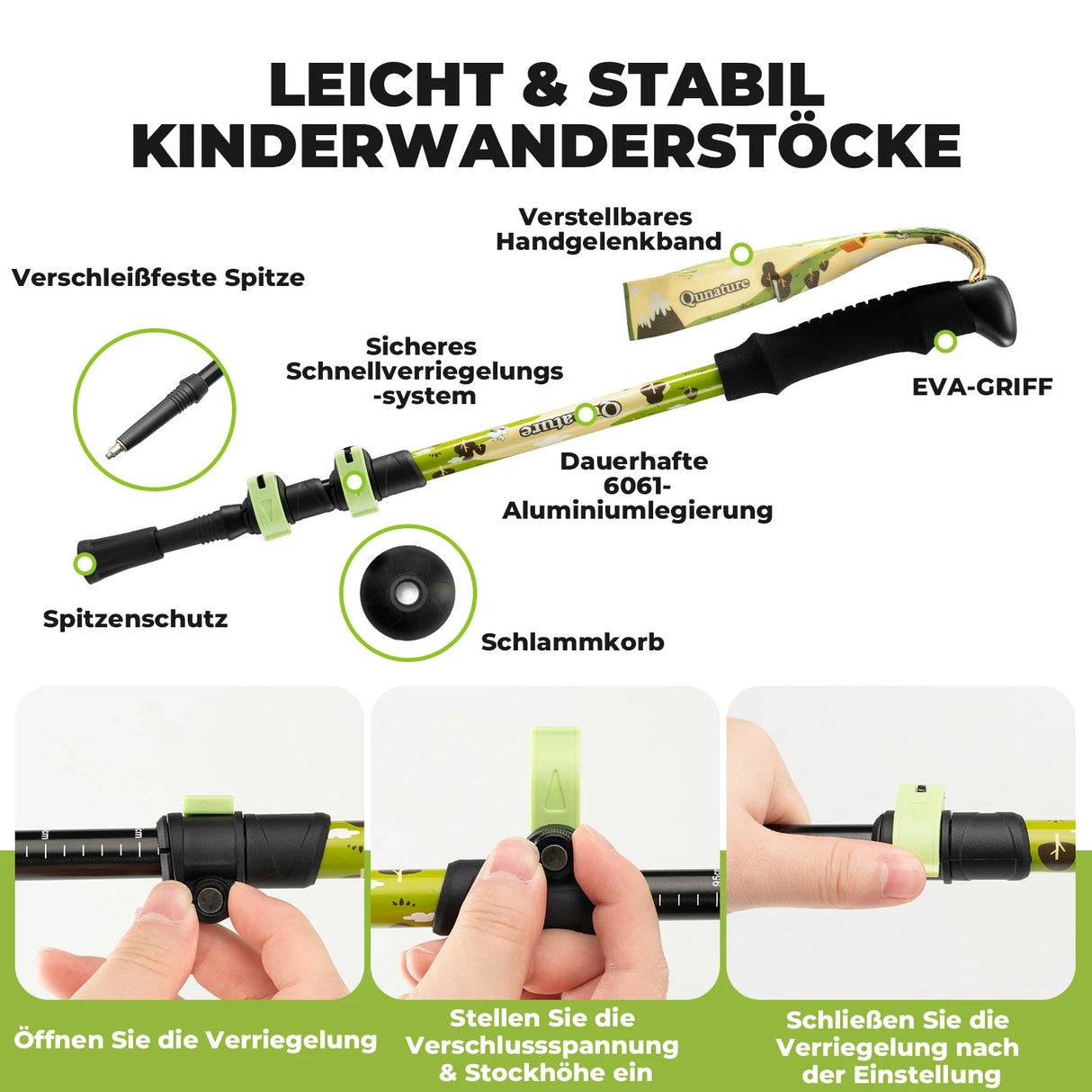 Qunature Kinder-Wanderstöcke – 51–100 cm verstellbar, Aluminium, 1  Stück
