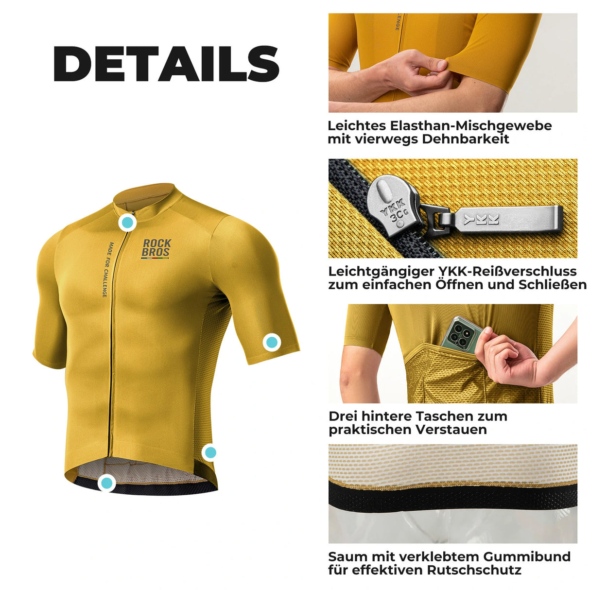 ROAD TO SKY Herren Kurzarm-Radtrikot Jersey für MTB & Rennrad-Gelb