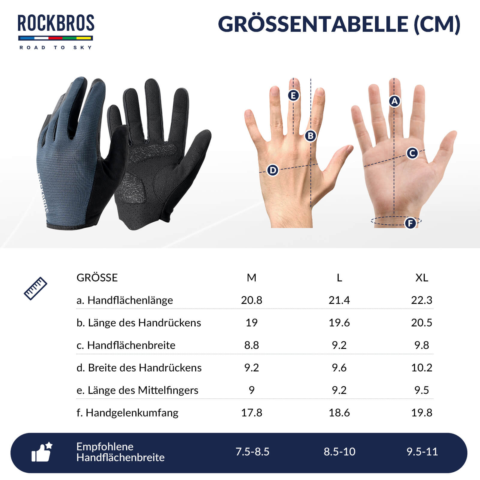 ROAD TO SKY Fahrrad Handschuhe Atmungsaktiv mit Touchscreen-Blau