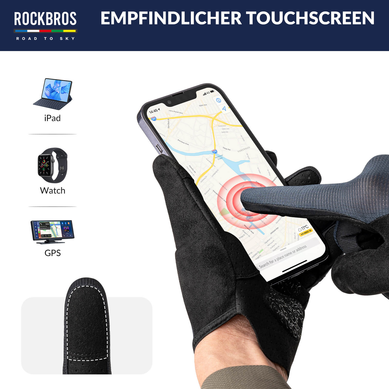 ROAD TO SKY Fahrrad Handschuhe Atmungsaktiv mit Touchscreen-Blau