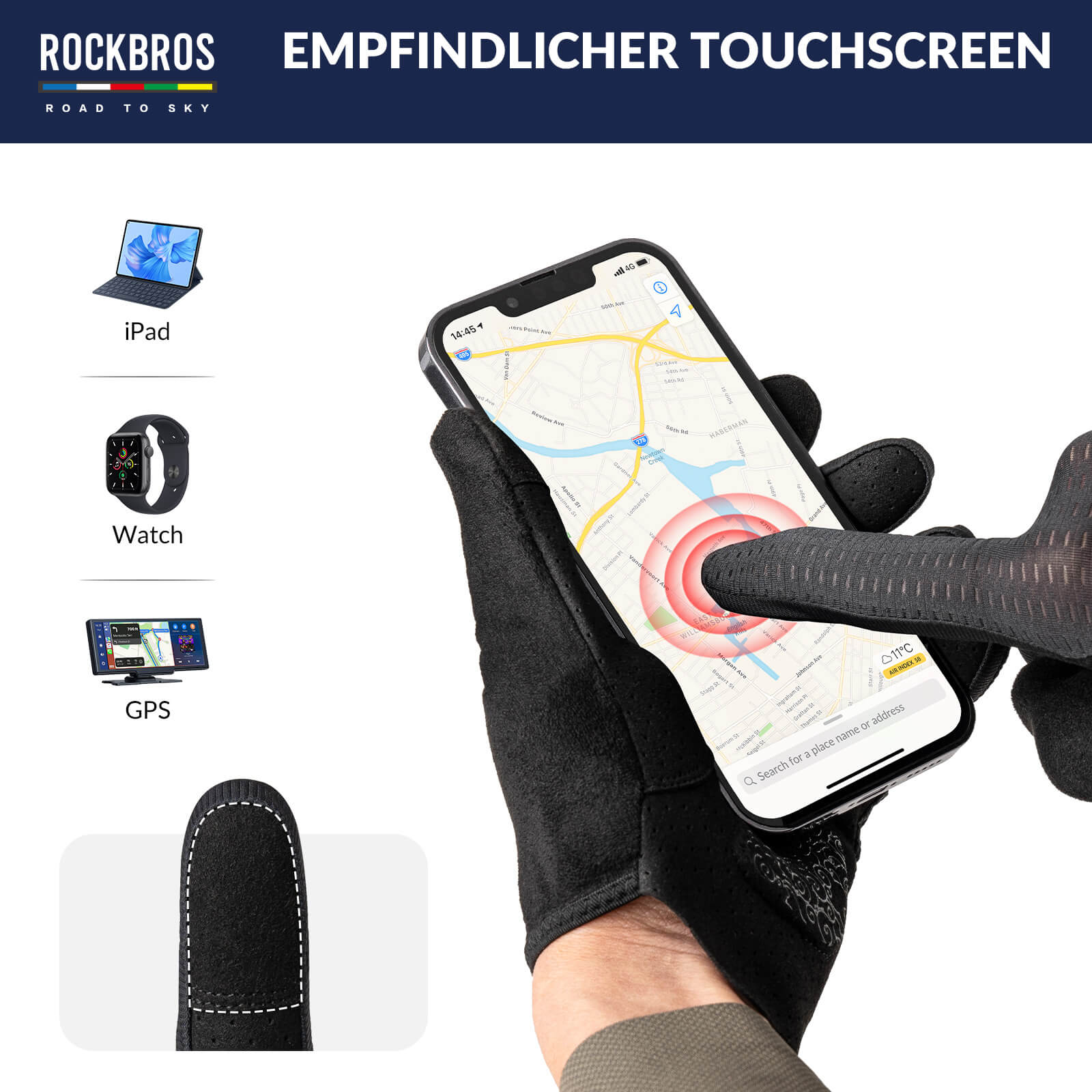 ROAD TO SKY Fahrrad Handschuhe Atmungsaktiv mit Touchscreen-Schwarz