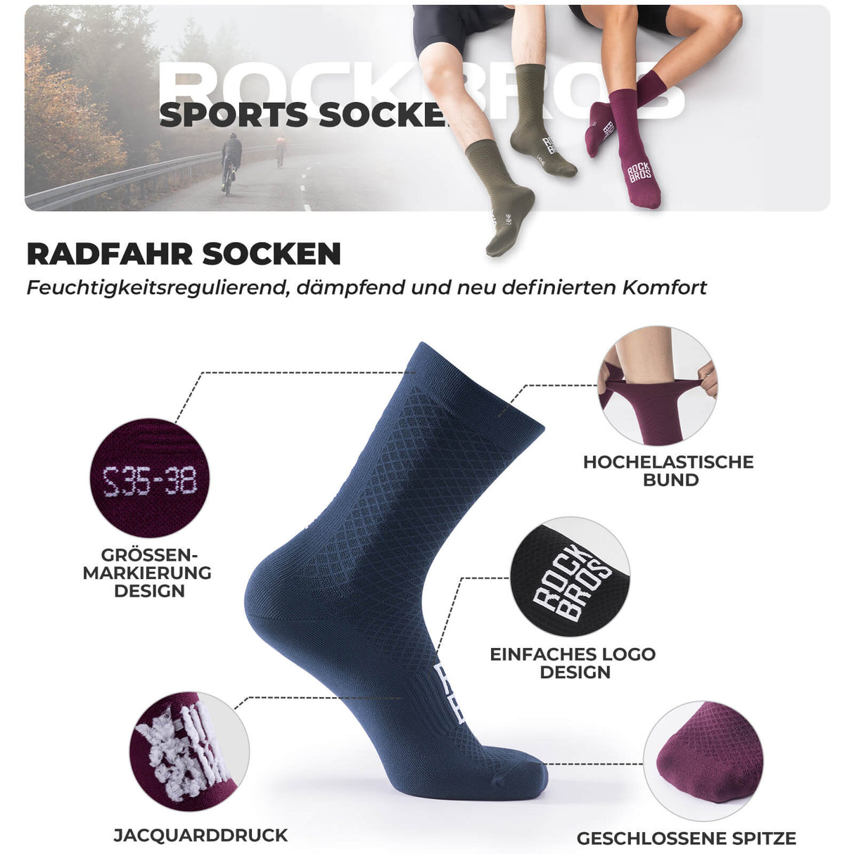 ROAD TO SKY Sportsocken Baumwolle Atmungsaktive Laufsocken für MTB & Rennrad-Blau