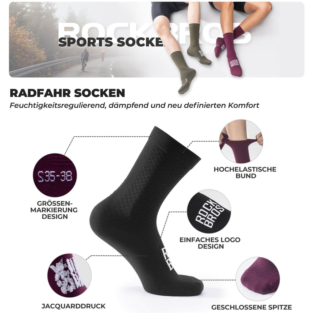 ROAD TO SKY Sportsocken Baumwolle Atmungsaktive Laufsocken für MTB & Rennrad-Schwarz
