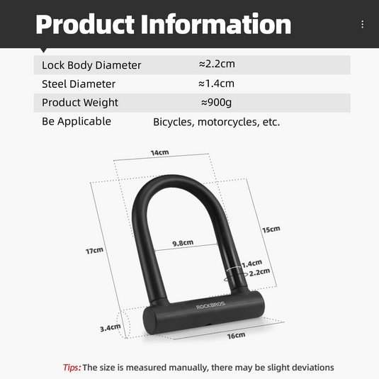 ROCKBROS bicycle U-lock for bicycles and motorcycles made of alloy