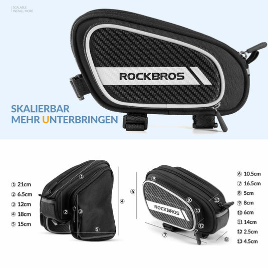 ROCKBROS Fahrrad Oberrohrtasche 1.8L mit 2 Seitentaschen