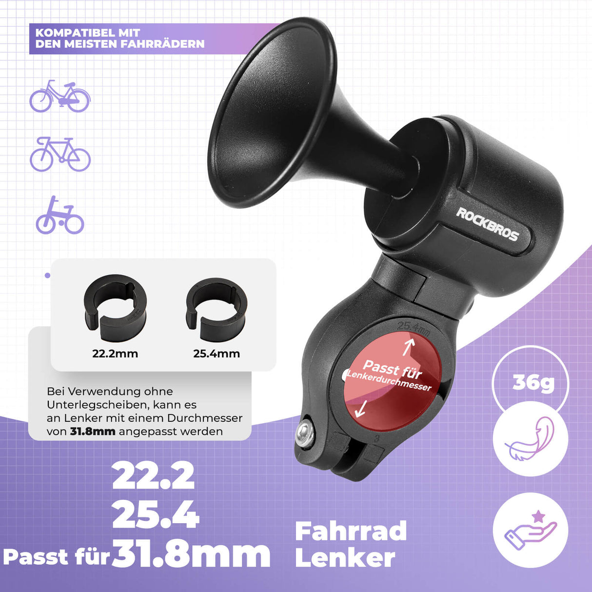 ROCKBROS Elektrische Fahrradklingel – 120dB & Universell für 22,2/25,4/31,8 mm Lenker