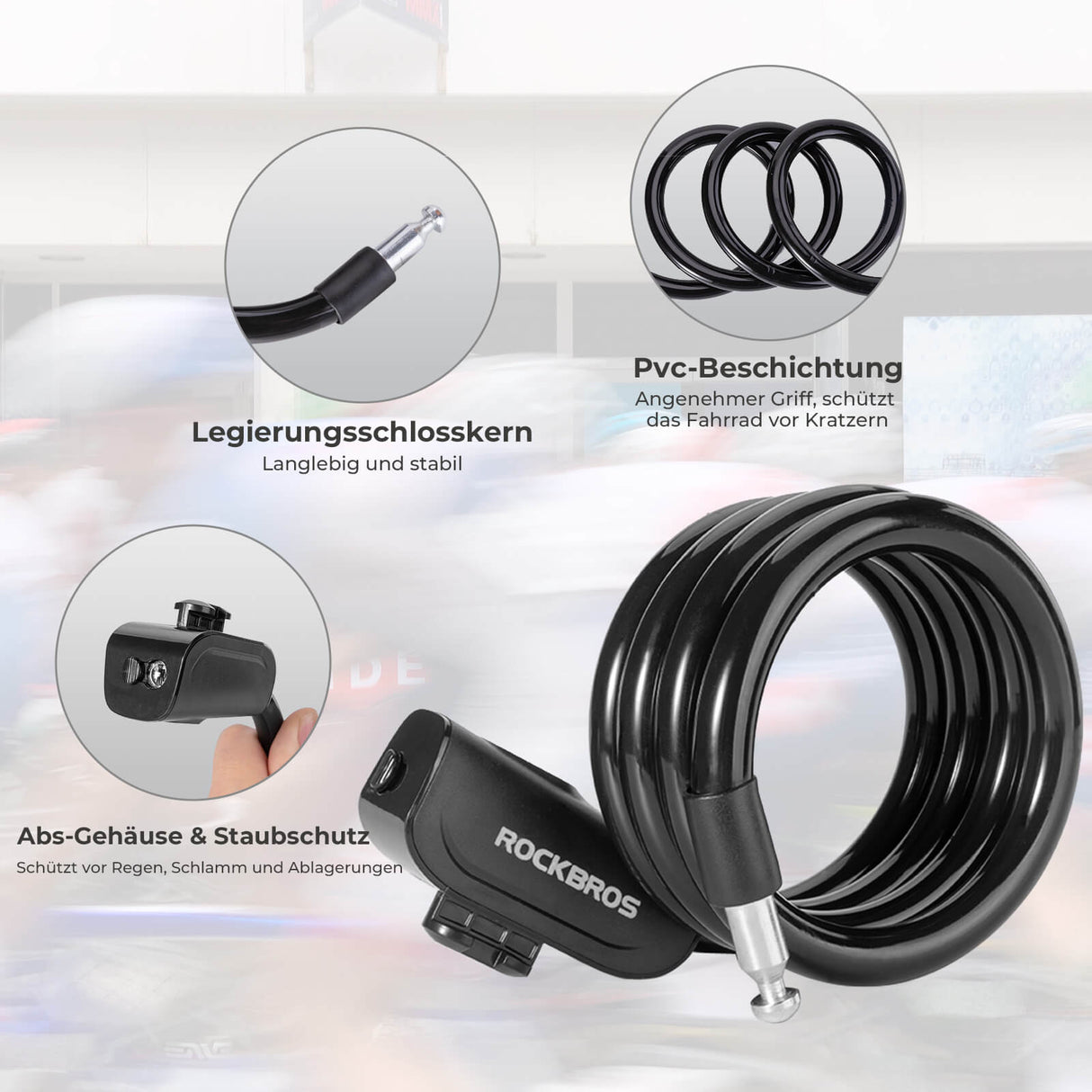 ROCKBROS Fahrradschloss – 110 cm Länge, 11 mm Stärke