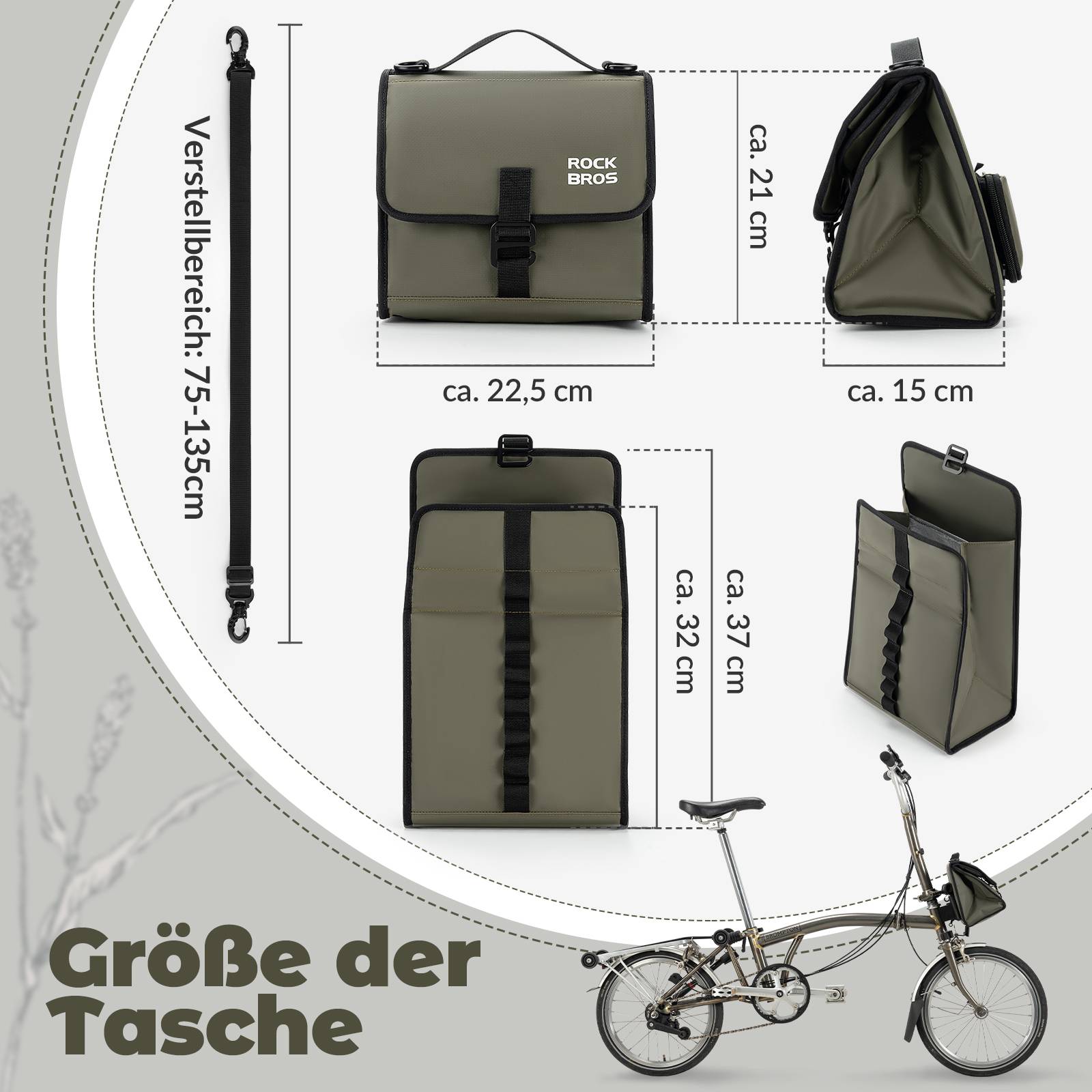 ROCKBROS Fahrradtasche Lenkertasche Fronttasche mit Schultergurt Erdfarbe