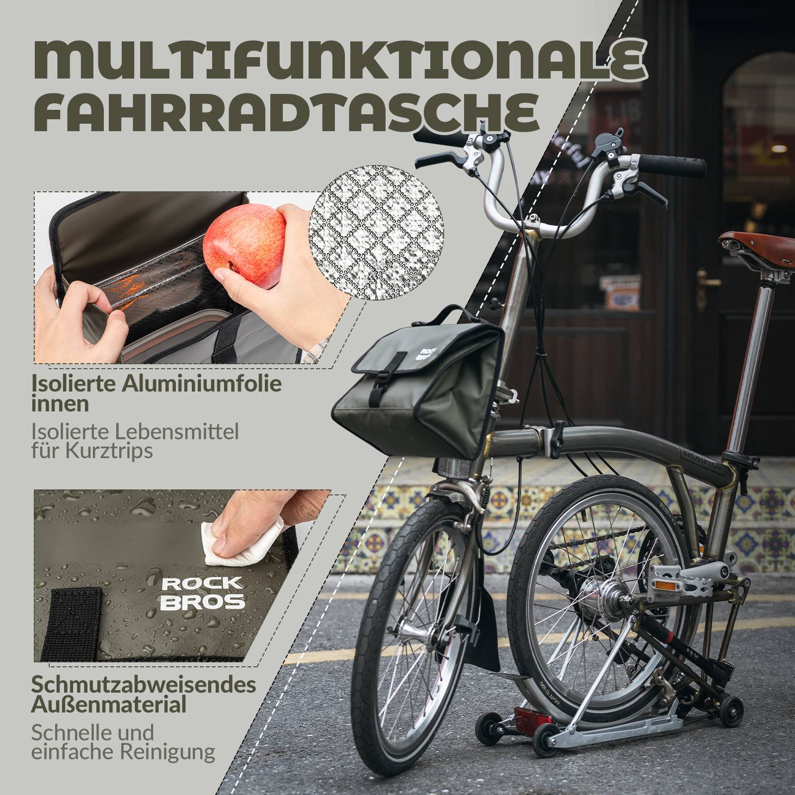 ROCKBROS Fahrradtasche Lenkertasche Fronttasche mit Schultergurt Erdfarbe