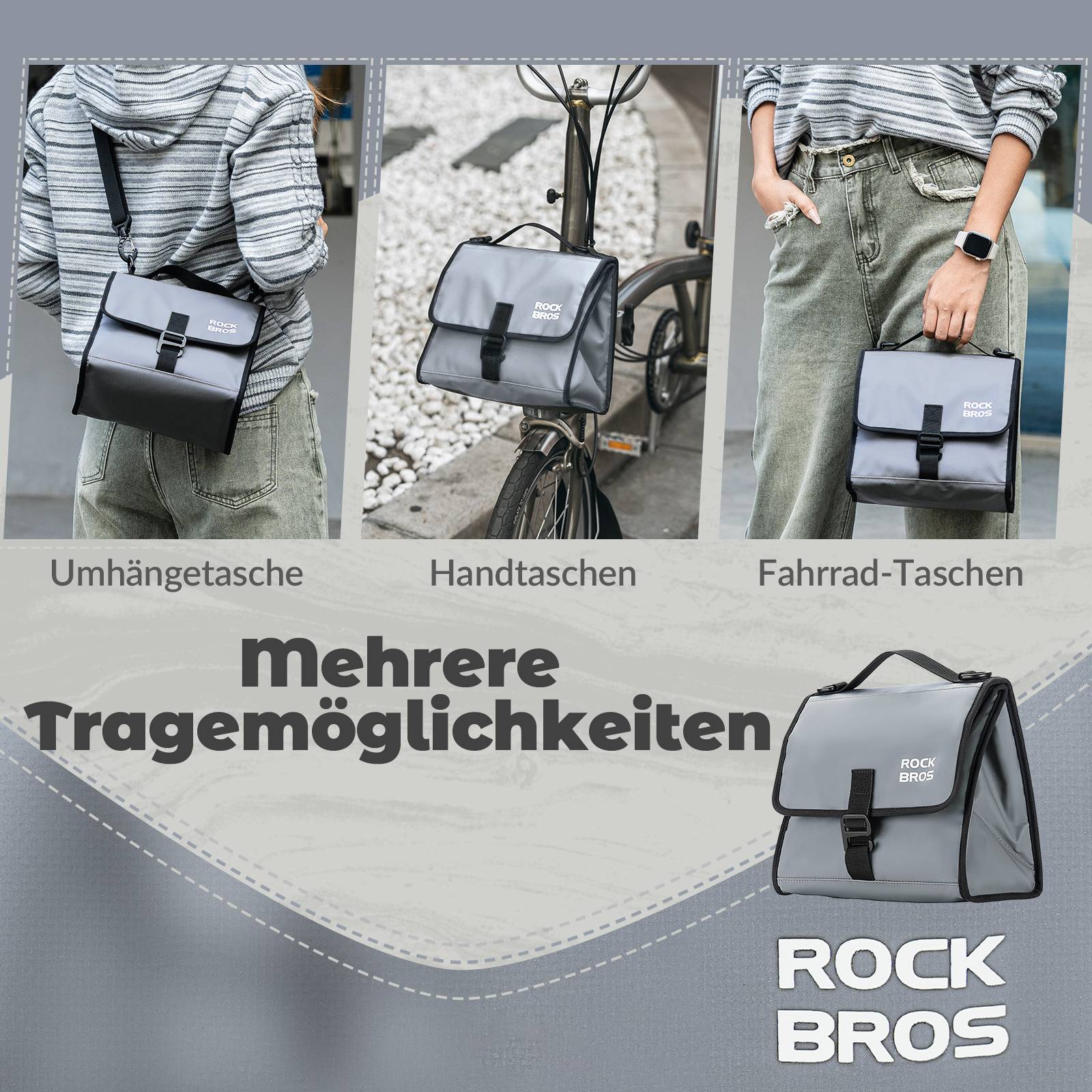 ROCKBROS Fahrradtasche Lenkertasche Fronttasche mit Schultergurt Grau